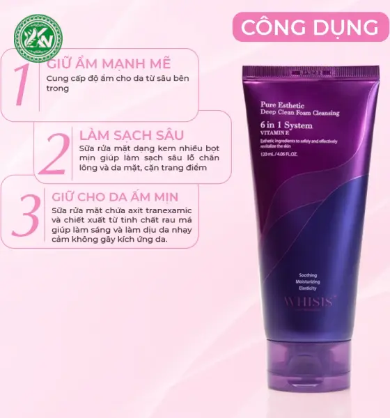 Sữa rửa mặt trắng da Vitamin E WHISIS Hàn Quốc Pure Esthetic Deep Clean Foam Cleansing giúp làm sạch sâu